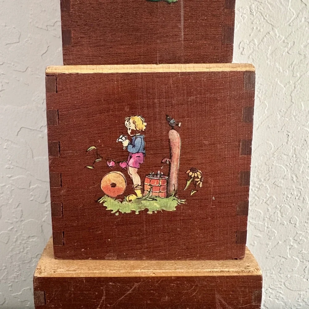 Vintage 30s 40s Wooden Stacking Toy Dovetail Primitive Folk‎ Art